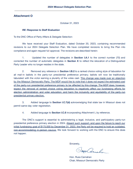 Screenshot of October 31, 2023 letter from Missouri Democratic Party to Democratic National Committee regarding DNC's rejection of MDP's plan to conduct their Presidential Preference Primary with Ranked-Choice Voting