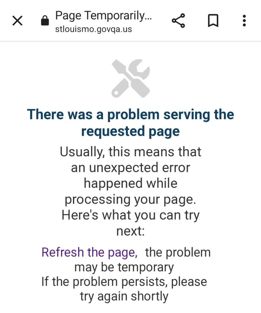 Screenshot of error message from St. Louis City Sunshine Portal, Public Records Archives