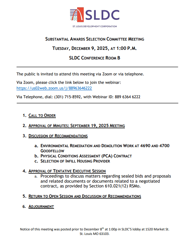 St. Louis Substantial Awards Selection Committee Agenda for December 9, 2025, meeting