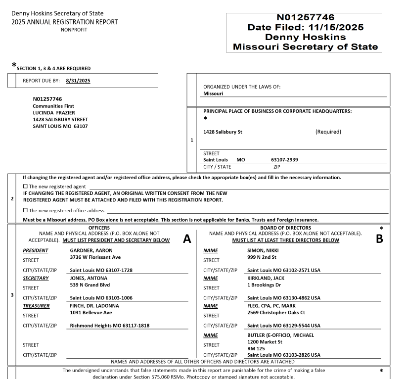Screenshot of 2025 nonprofit filingat Missouri Secretary of State for Communities First 