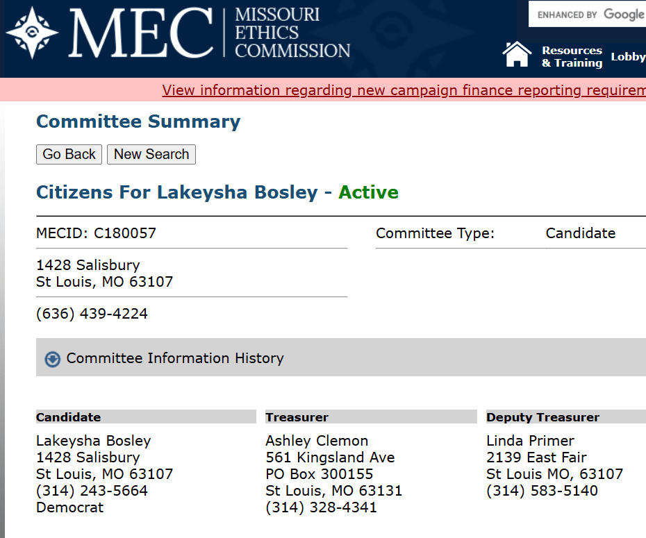 Screenshot of landing page for Citizens for LaKeySha Bosley campaign account registration at Missouri Ethics Commission