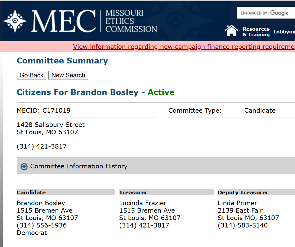 Screenshot of landing page for Citizens for Brandon Bosley campaign account at Missouri Ethics Commission