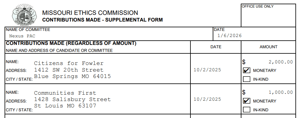Screenshot of Nexus PAC contribution to Communities First