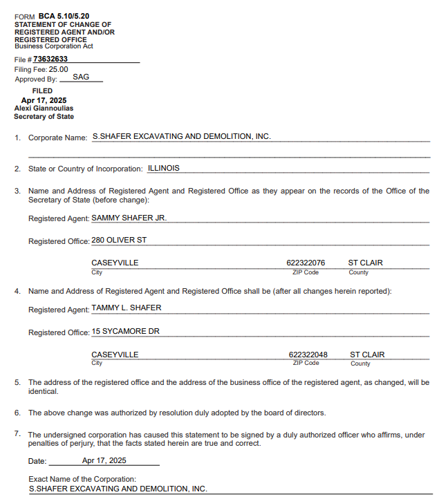 Illinois Secretary of State document showing agent change for Shafer Excavating