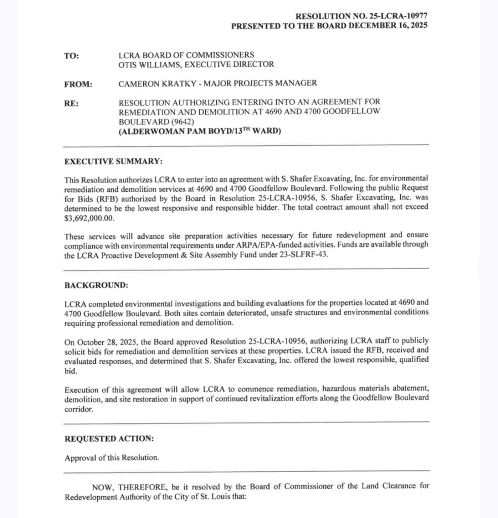 St. Louis Land Clearance for Redevelopment Authority Resolution authorizing contract with Shafer Excavating