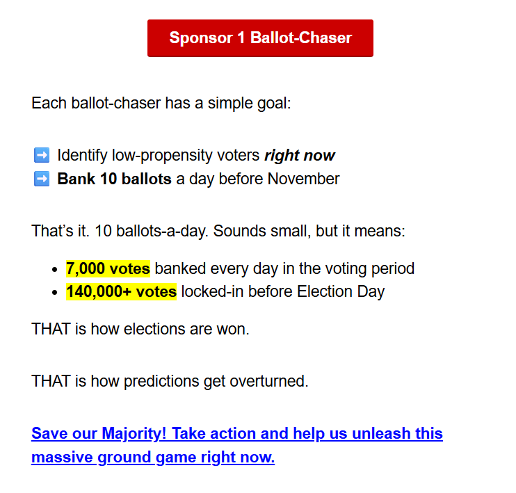 Sponsor 1 Ballot-Chaser

Each ballot-chaser has a simple goal:

Identify low-propensity voters right now
Bank 10 ballots a day before November

That's it. 10 ballots-a-day. Sounds small, but it means:

. 7,000 votes banked every day in the voting period
. 140,000+ votes locked-in before Election Day

THAT is how elections are won.

THAT is how predictions get overturned.

Save our Majority! Take action and help us unleash this
massive ground game right now.